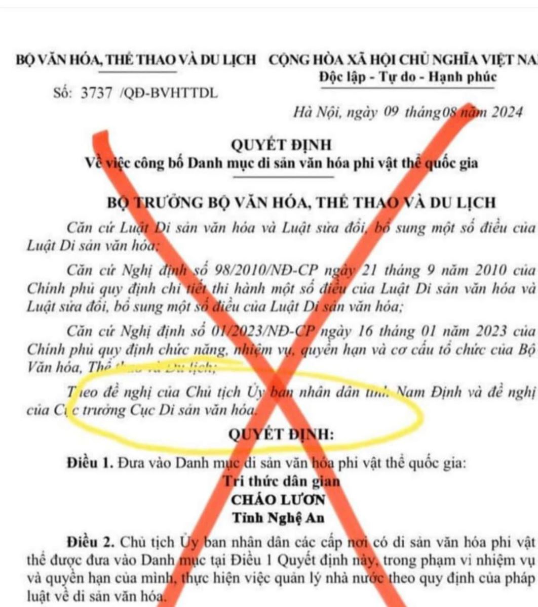 Bộ VHTTDL đề nghị xử lý thông tin xuyên tạc, sai sự thật: "Cháo lươn, tỉnh Nghệ An" được vào Danh mục Di sản văn hóa phi vật thể quốc gia